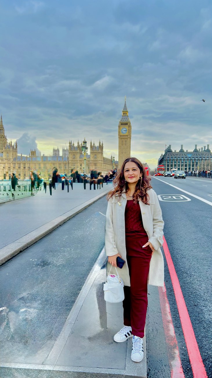 Kashish on Westminster Bridge with Big Ben behind